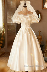 Lace Tea Length Bowknot White Satin Wedding Dresses